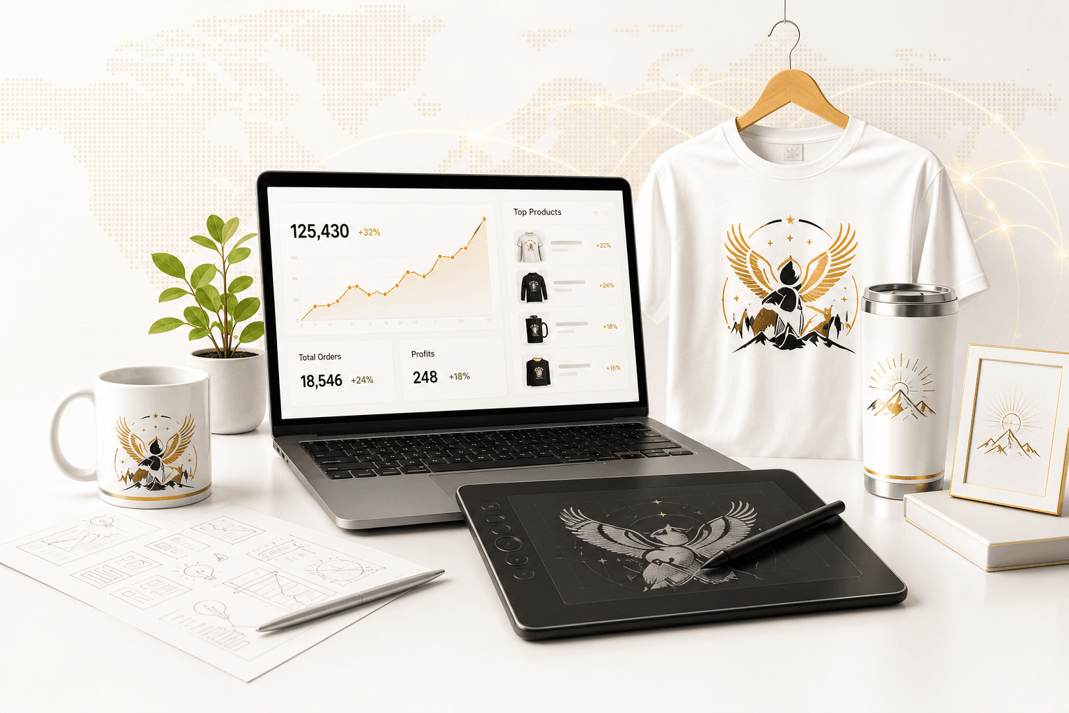 Laptop hiển thị dữ liệu thương mại điện tử cùng áo POD, cốc, bình giữ nhiệt và bảng vẽ
