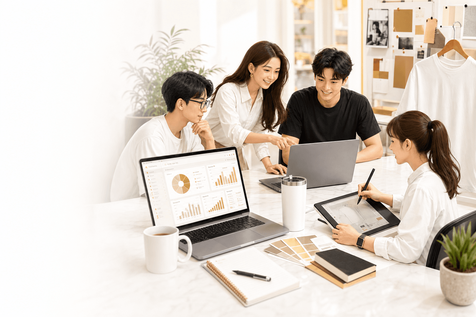 Đội ngũ Averix cùng làm việc với laptop, bảng vẽ, áo merchandise và các mẫu thiết kế